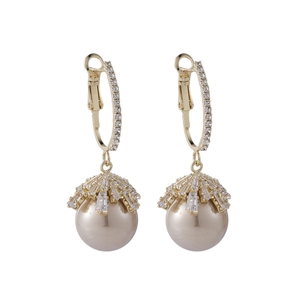 Elegant gold pearl earrings with sparkling zircon inlay and champagne pearl drop pendant