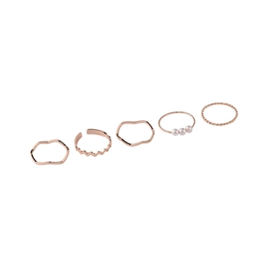 Five-piece rose gold ring set for women featuring minimalist pearls and twisted band designs