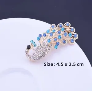 Detail view of peacock brooch with blue rhinestones in 4.5*2.5cm golden metal