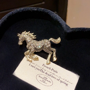 Close-up of a vintage horse brooch with crystals in a black velvet jewelry box