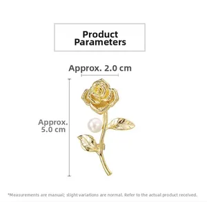 Detail showing dimensions of the gold rose brooch with a white center pearl