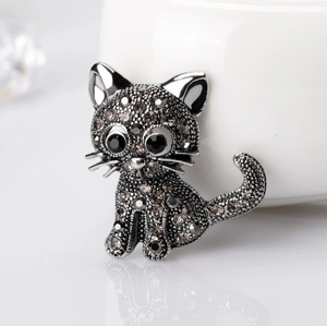 Vintage cute cartoon cat brooch in dark gray alloy with sparkling rhinestones decoration