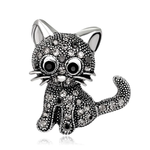 Vintage cute cat brooch in silver alloy with sparkling grey and black rhinestones