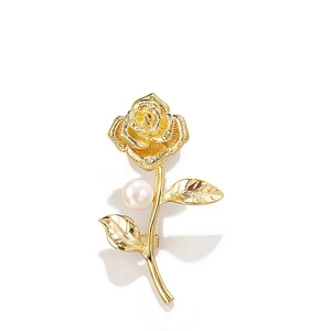 Exquisite gold metal rose brooch with brushed texture petals and elegant white pearl detail