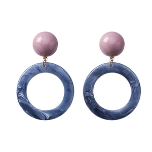 Modern blue marble texture earrings with pink spheres and gold metal hardware
