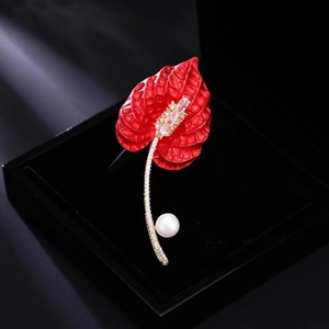 Luxurious red anthurium brooch with crystals and pearl in a black velvet gift box