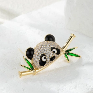 Exquisite panda and bamboo brooch with gold plating and sparkling crystal inlay