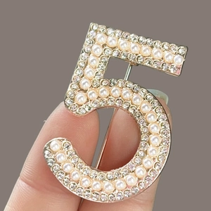 Elegant number 5 brooch with white faux pearls and crystals on gold metal base