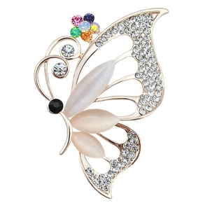 Elegant butterfly brooch with opal wings and colorful crystals on a gold metal frame
