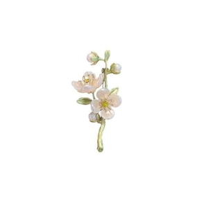 Elegant green jasmine flower brooch with pearls and pale gold frame on white background