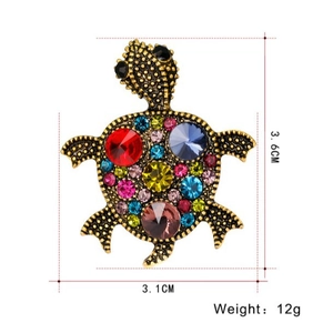 Luxury turtle brooch in gold metal with colorful rhinestones and size dimensions