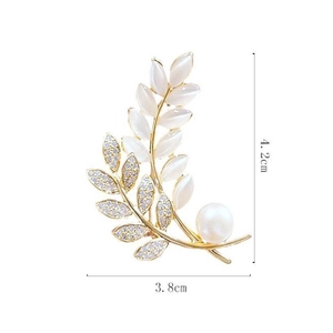 Broche épi de blé élégante avec pierre œil de chat et perle dorée, 4,2 cm x 3,8 cm
