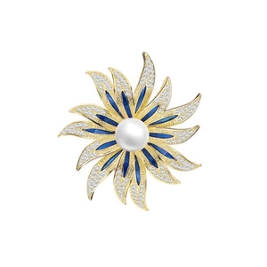 Elegant gold sunflower brooch with a white pearl center and blue enamel petal details