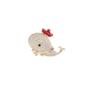 Sparkling crystal whale brooch with red enamel hat on a gold-plated base for women