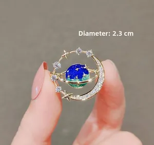 Detail of starry sky ring featuring blue enamel planet and small sparkling diamonds