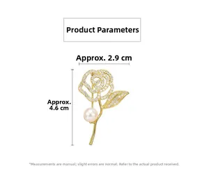 Detailed size view of a sparkling rose flower brooch with rhinestones and white pearl