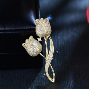 Élégante Broche Tulipe en Alliage Incrustée de Strass Zirconium Or Argent Épingle pour Femme Mariage Banquet Costume Robe