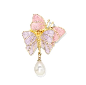 Broche papillon vintage avec ailes en émail violet et pendentif perle en forme de goutte
