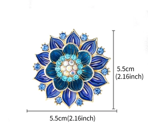 Detailed size view of blue enamel lotus brooch with crystals measuring 5.5cm by 5.5cm