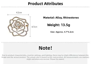 Détail d'une broche fleur évidée montrant les alliages, les strass et les dimensions