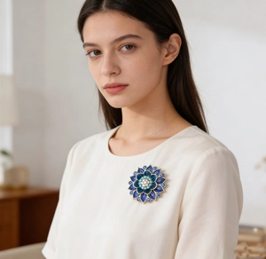 Detail view of a luxury blue enamel lotus flower brooch with crystals on white fabric