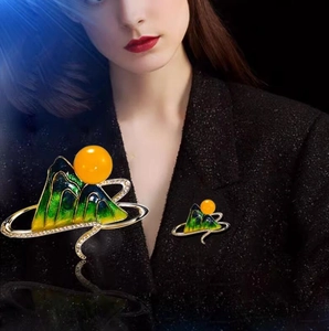 Elegant enamel landscape brooch with green mountains and amber pearl for women