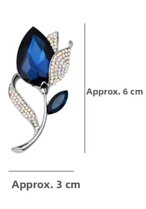 Detailed dimensions of calla lily brooch with blue crystal and silver plated leaves