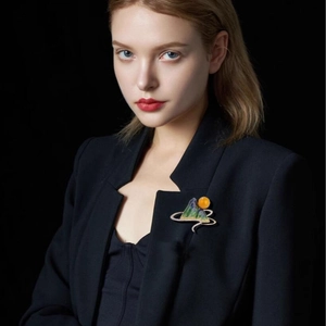 Elegant enamel landscape brooch with sunrise bead on black blazer, Chinese style accessory