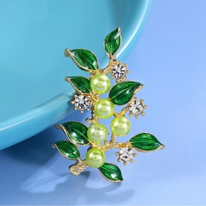 Eleganter Ast Brosche Grüne Emaille Blätter Künstliche Perlenimitat Strass Akzente Legierung Floral Nadeln Für Damen Schmuck Zubehör