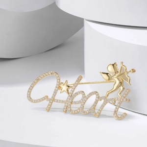 Elegant Gold Alloy Heart Letter Brooch With Cupid Angel Rhinestone Inlaid Personalized Suit Lapel Pin Jewelry Accessories
