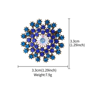 Detailed view of dandelion brooch showing 3.3cm size and blue rhinestone inlay