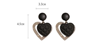 Detailed size view of heart earrings with black quilted leather and crystal trim