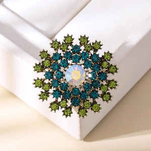 Vintage alloy dandelion flower brooch with colorful AB rhinestones and green crystals