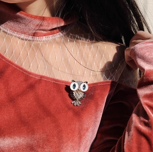 Close-up of owl brooch with blue gemstone eyes pinned on a red velvet collar