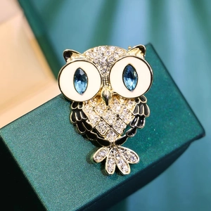 Elegant owl brooch pin with blue gem eyes and sparkling crystals on jewelry box