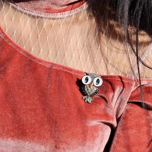 Detailed close-up of a sparkling gold owl brooch with blue gem eyes and clear crystals
