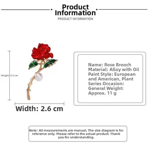 Détail de la broche rose rouge avec feuilles vertes, perle et dimensions précises