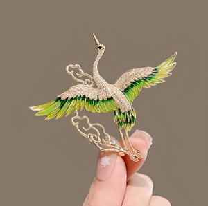 Vintage Chinese Style Crane Auspicious Cloud Brooch Alloy Enamel Rhinestone Bird Pin For Wedding Banquet Party Jewelry