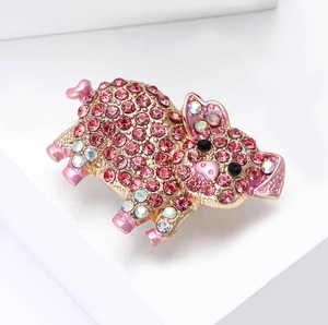 Exquisite pink sparkling pig brooch with golden alloy base and rhinestones for women