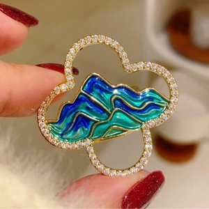 Chinese Style Mountain River Enamel Brooch Alloy Gold Plated Zirconia Cloud Decorative Pin For Women Men Suit Jewelry Gift