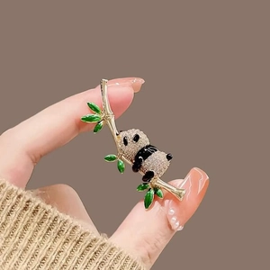 Panda on bamboo brooch with 18K gold plating and sparkling zircon stones
