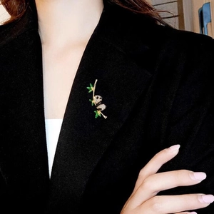 New Chinese panda brooch with bamboo design and sparkling rhinestones on black suit