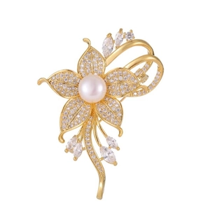 Eleganter Blumen-Perlen-Anstecker mit weißen Zirkonia auf Goldbasis für Damenanzüge
