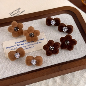 Brown flocked floral and heart bow stud earrings with rhinestones for autumn winter