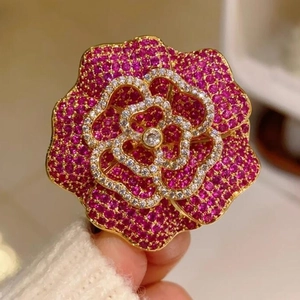 Broche Camélia Vintage Français Tout en Strass Rouge Rose Fleur 3D Pour Femme Élégant Broche de Revers Bijoux