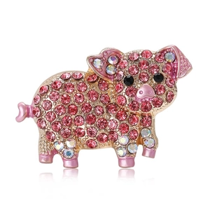 Sparkling pink pig brooch with crystal rhinestones and gold plating for women's fashion