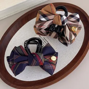 Vintage British Style Plaid Bow Hair Claw Clip For Women Fabric Covered Large Shark Clip Elegant Fashion Hair Accessories