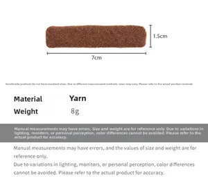 Detailed view of brown knitted hair clip with precise dimensions of 7cm length and 1.5cm width