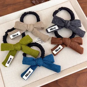 Korean Style Knitted Bowknot Hair Scrunchies For Women Handmade Fabric Hair Ties Elastic Ponytail Holders With Letter Label