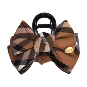 British style vintage plaid bow hair claw clip with golden engraved metal plate detail